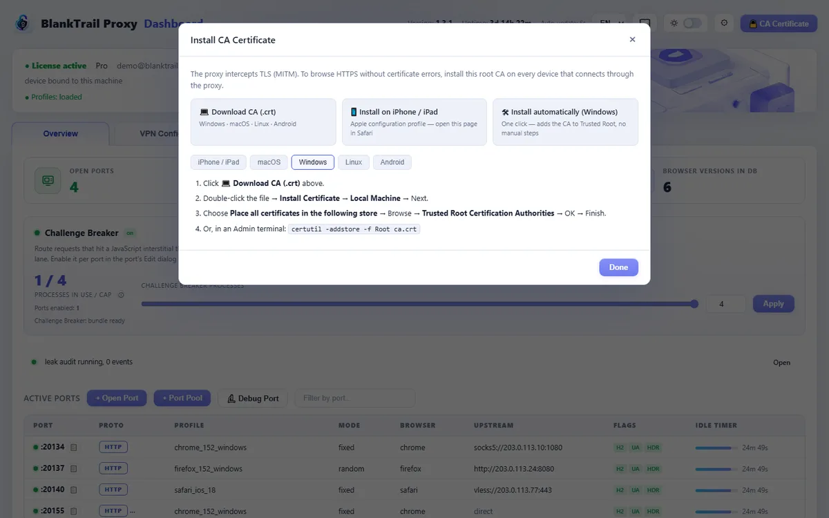 Install CA Certificate dialog with per-platform instructions